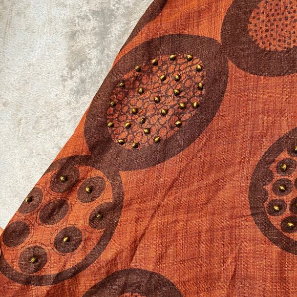 Vtg Boho Linen Skirt Rust Brown Circle Print & Beaded Details Earthy Tones Sz 4 - Picture 4 of 8
